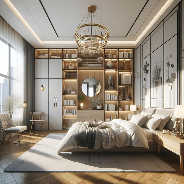 Photo modern living room luxurious new bedroom with large window