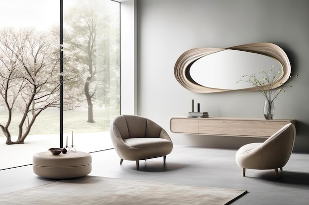 Современная гостиная минималистичный дизайн интерьера удобный диван кресла большая овальная зеркальная стена