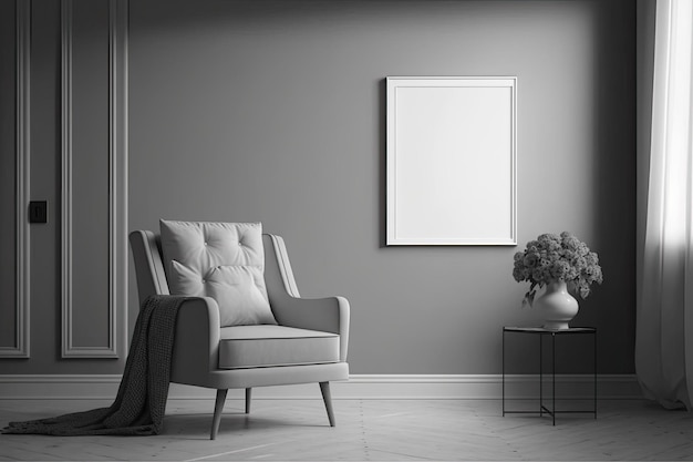 Modern living room mockup with gray chair and wall