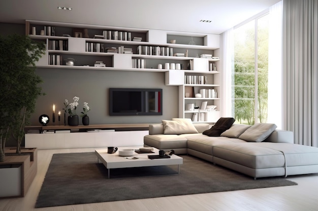 Photo modern living room neutal color palette and good natural light