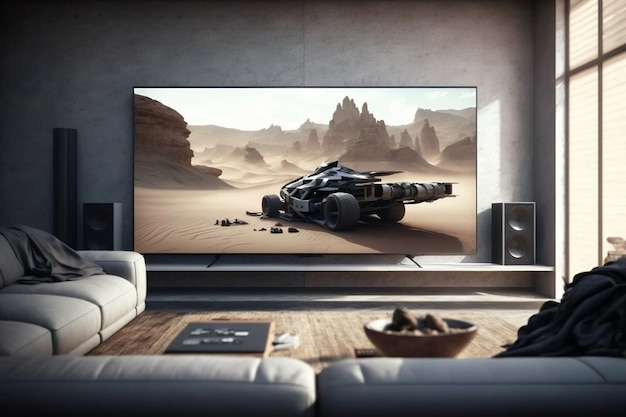 A modern living room at night complete with a big TV wall screen Generated by AI