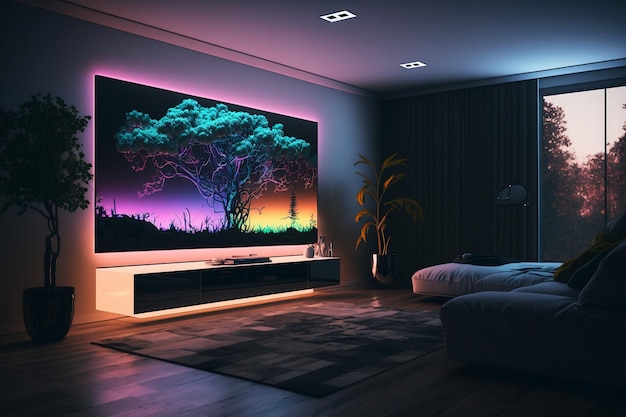 AI가 생성한 대형 TV 벽 스크린과 네온 불빛으로 완성된 밤의 현대적인 거실