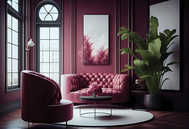 Современная гостиная в розовом 3d реалистичном интерьере премиум фото