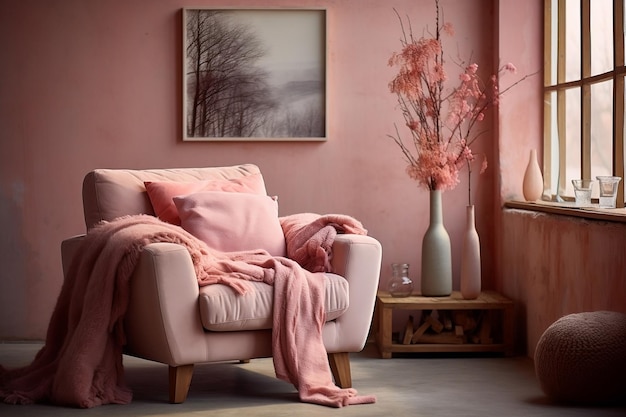 Modern Living Room Pink Armchair with Cushions and Throws AI