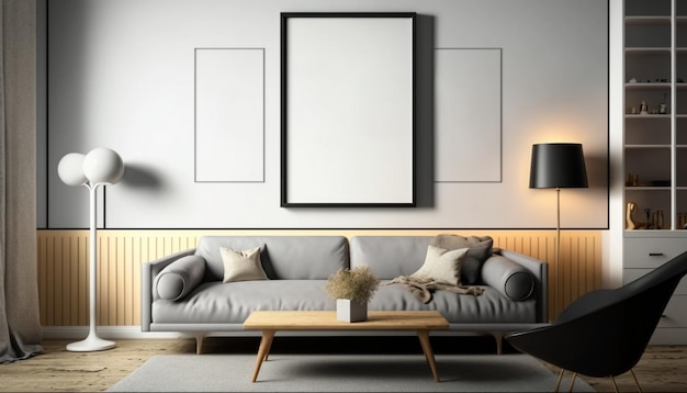 Modern living room. Poster frame on the wall of the living room. Frame Mockup Luxurious apartment