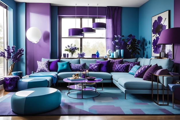 Modern living room Purple and blue color Generate Ai