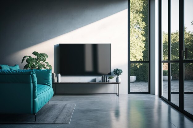 Foto soggiorno moderno vista laterale con schermo tv vuoto e mobili presentazione dello stile di vita e tecnologia mockup