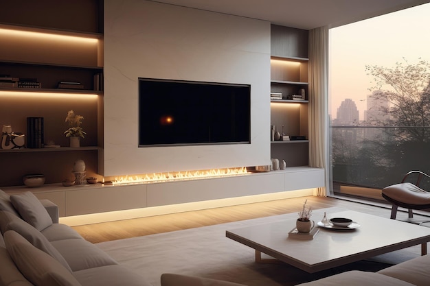 Modern Living Room Sleek Fireplace With Tv Mounted Above Generative AI