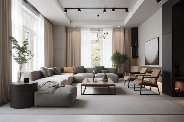Современная гостиная с элегантной мебелью и минималистским декором, созданным с помощью генеративного искусственного интеллекта.
