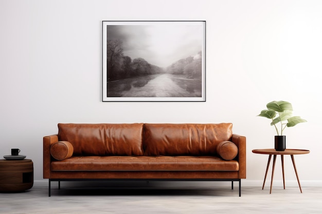 Modern living room wall mockup with leather sofa and decoration