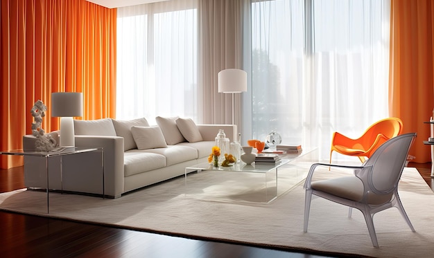 Modern Living Room in White and Orange Tones Created using generative AI tools