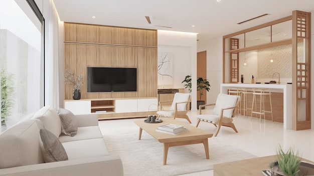 modern living room in white and wood colors nordic luxury house Generative AI