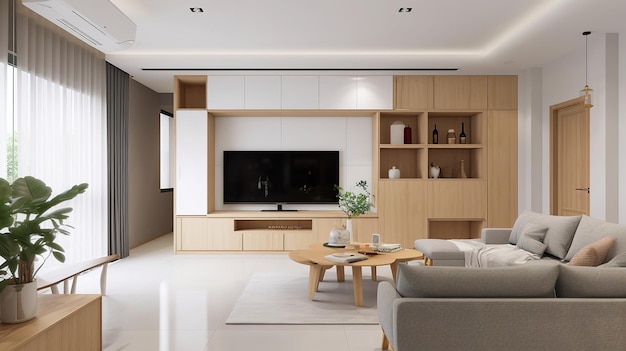 흰색과 나무 색상의 현대적인 거실 북유럽 고급 주택 Generative AI