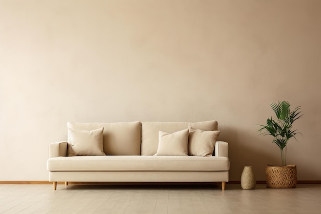 Фото Современная гостиная с шикарным бежевым диваном, мягкими подушками, пальмовым растением в горшке и декоративной вазой на нейтральной стене.