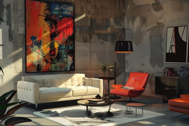 Modern living room with abstract art painting white tufted sofa and orange accent chairs