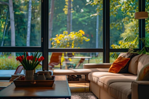 Modern Living Room With Abundant Furniture and Expansive Windows