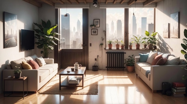 A modern living room with amazing city view through the glass window