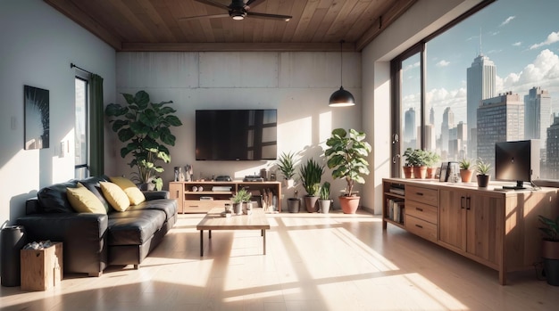 A modern living room with amazing city view through the glass window