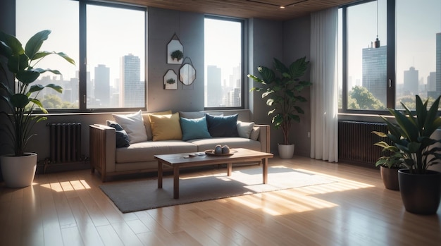 A modern living room with amazing city view through the glass window