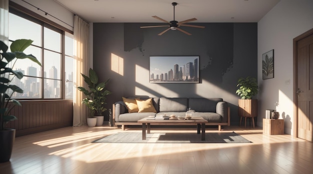 A modern living room with amazing city view through the glass window