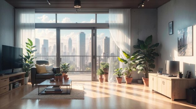 A modern living room with amazing city view through the glass window