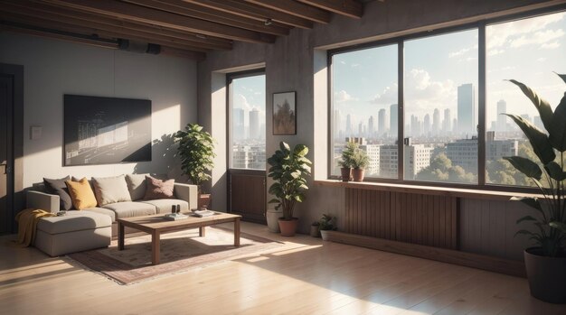 A modern living room with amazing city view through the glass window