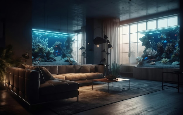 Современная гостиная с аквариумом Генеративный ИИ