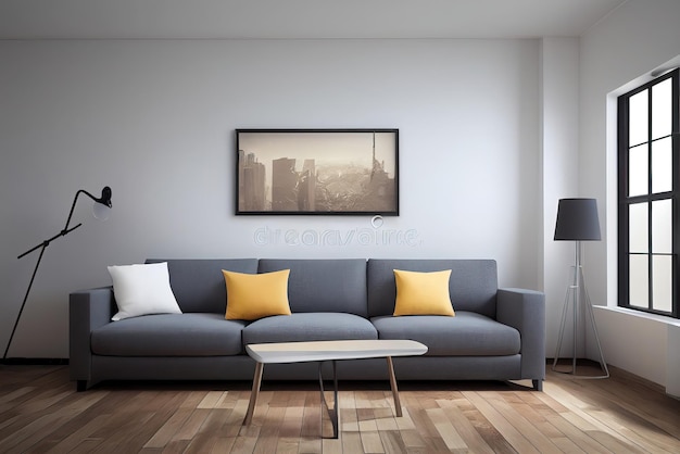 Modern living room with Asthetic Poster frame in the wall.