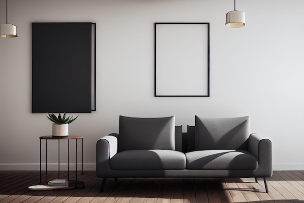 Modern living room with Asthetic Poster frame in the wall.