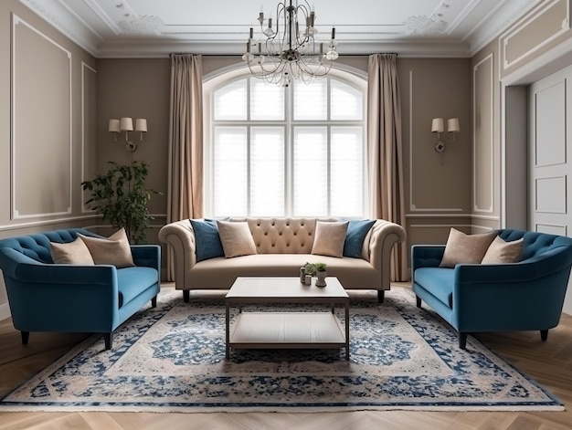 Modern living room with beige and blue sofas