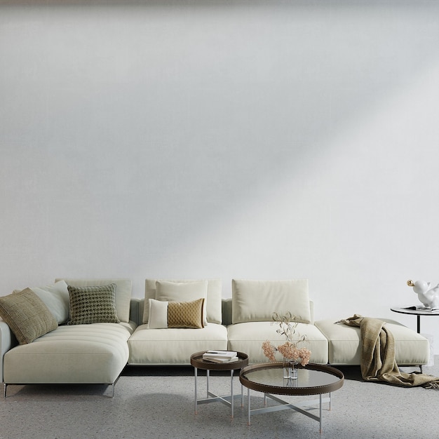 Modern living room with beige sofa 3d render