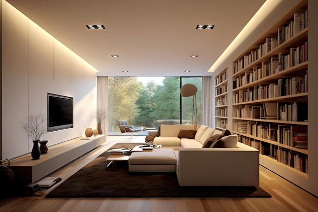 Photo modern living room with big library warm color palette and a big window