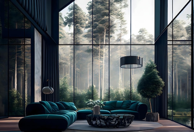 Modern living room with big windows forest scene and corner sofa Wooden coffee table Generative AI