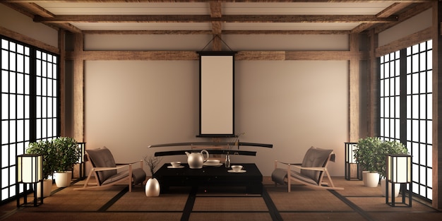 Soggiorno moderno con tavolo basso nero, lampada, vaso e decoro in stile japanses. rendering 3d