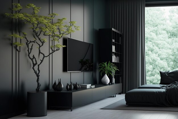 Modern living room with a black minimalist interior