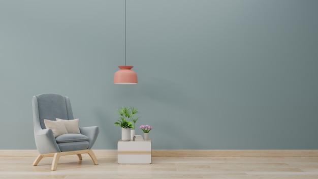 Modern living room with blue armchair have cabinet and wood shelves on wood flooring and blue wall.