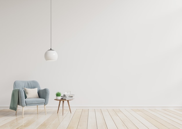 Photo modern living room with blue armchair and wood shelves on wood flooring and white wall.