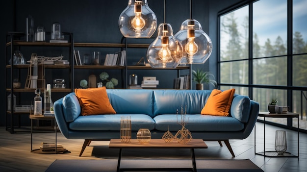 Modern living room with a blue couch and hanging lights