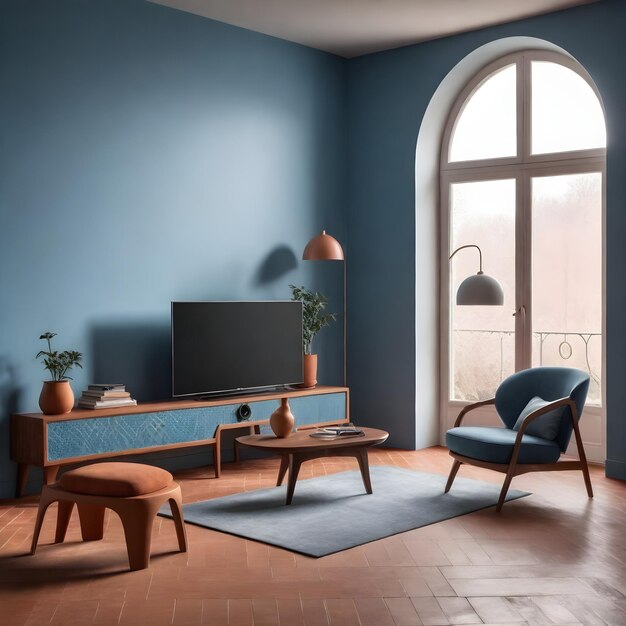 Modern living room with blue walls a large window with a triangular top