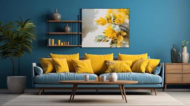 Modern living room with blue walls and yellow furniture