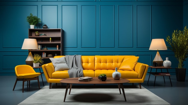 Modern living room with blue walls and yellow furniture