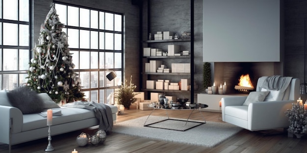 Modern living room with Christmas decoration Illustration AI GenerativexA