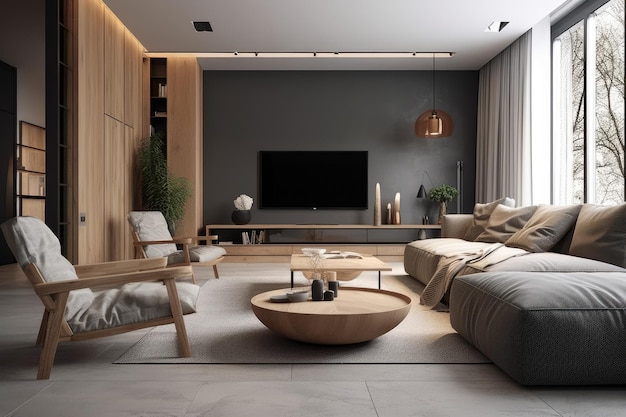快適な家具と大画面フラット スクリーン テレビを備えたモダンなリビング ルーム ジェネレーティブ AI