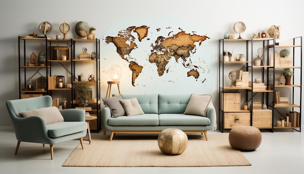 Foto moderno soggiorno con comodo divano elegante decorazione in legno generata da intelligenza artificiale