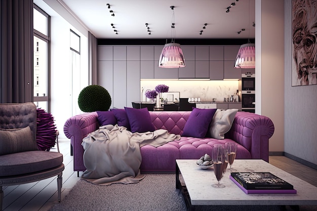 편안한 보라색 소파가 있는 현대적인 거실 인테리어 디자인 Generative AI