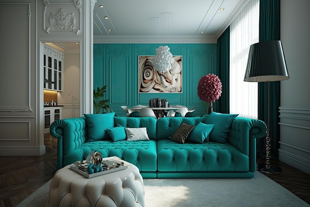 Modern living room with confortable turquoise sofa Interior design Generative AI