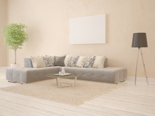 Modern living room with corner sofa and empty frame