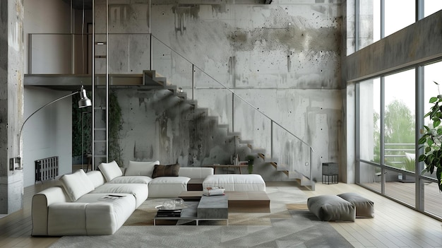 Modern Living Room With Couch Chair and Staircase