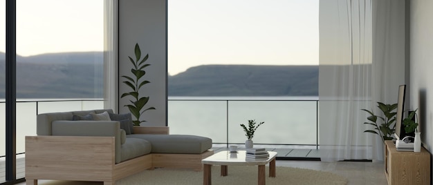 Modern living room with couch coffee table smart TV large glass window with nature view balcony