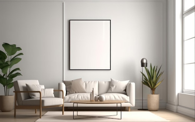 Modern living room with counter with empty canvas or wall decor with frame Mockup